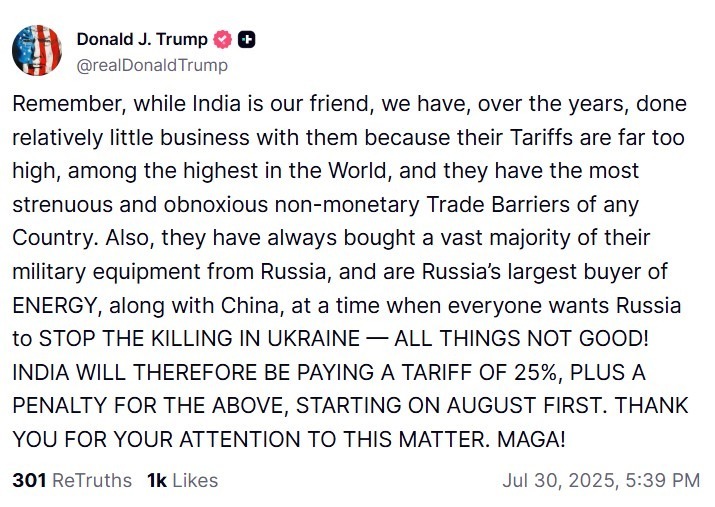 India 25 percent US tariff 2025