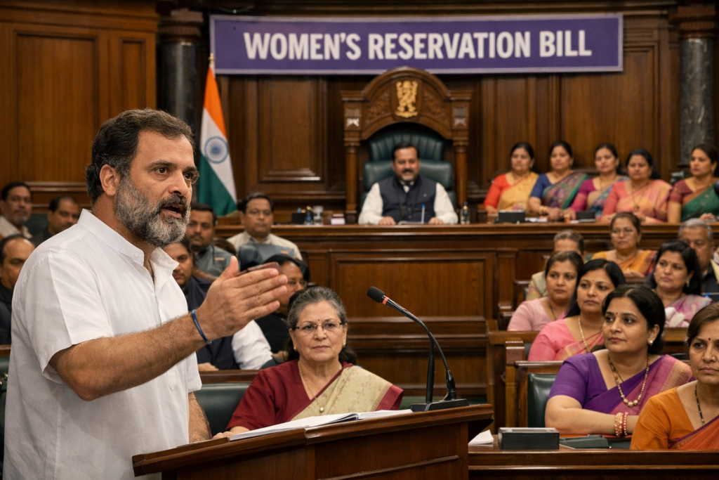 rahul gandhi and parlimaent on woman resevation bill create an image
